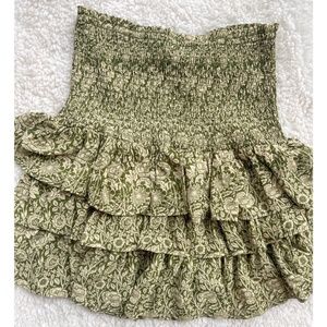Easel Floral Print Ruffle Draped Green Beige Mini Skirt Women Size L Spring Tan